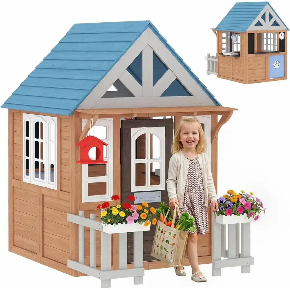 Kids Outdoor Wooden Playhouse - Qaba Outdoor-Spielhaus mit Haustiertür, Holz-Spielhaus für