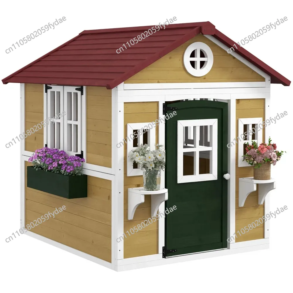 Kids Outdoor Wooden Playhouse - Outdoor-Kinderspielhaus, Holzspielhaus mit Tür, Fenster, Blumentöpfen