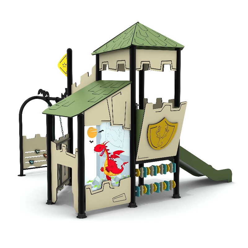 Kids Outdoor Wooden Playhouse - Holz-Outdoor-Spielplatzset mit Stahl-Spielhaus für Kinder, kommerzielle