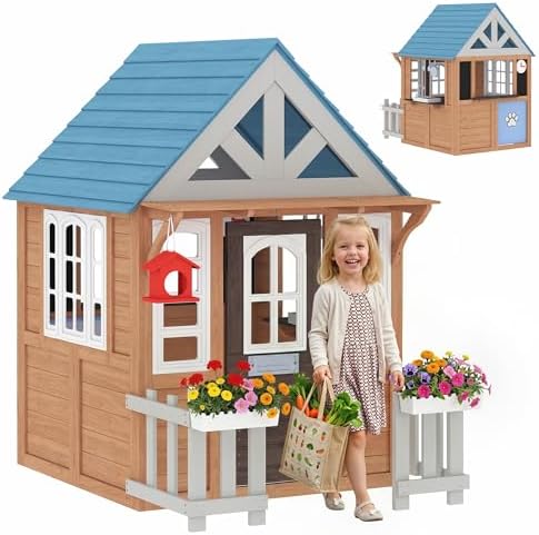 Kids Outdoor Wooden Playhouse - Outdoor-Spielhaus mit Haustiertür, Holz-Spielhaus für Kinder