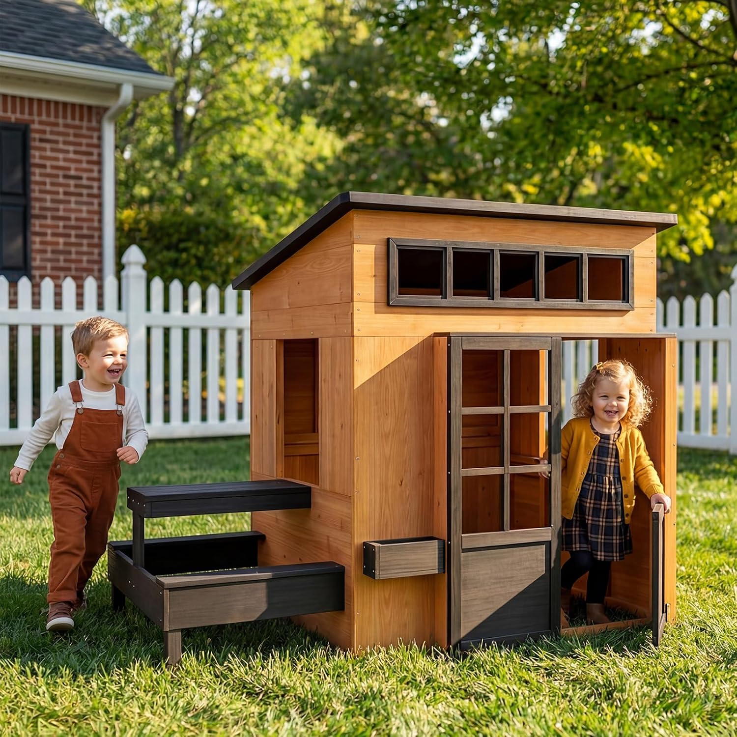 Kids Outdoor House With Kitchen - Nordivale Outdoor-Spielhaus Modernes Kinder-Gartenhaus aus Tannenholz