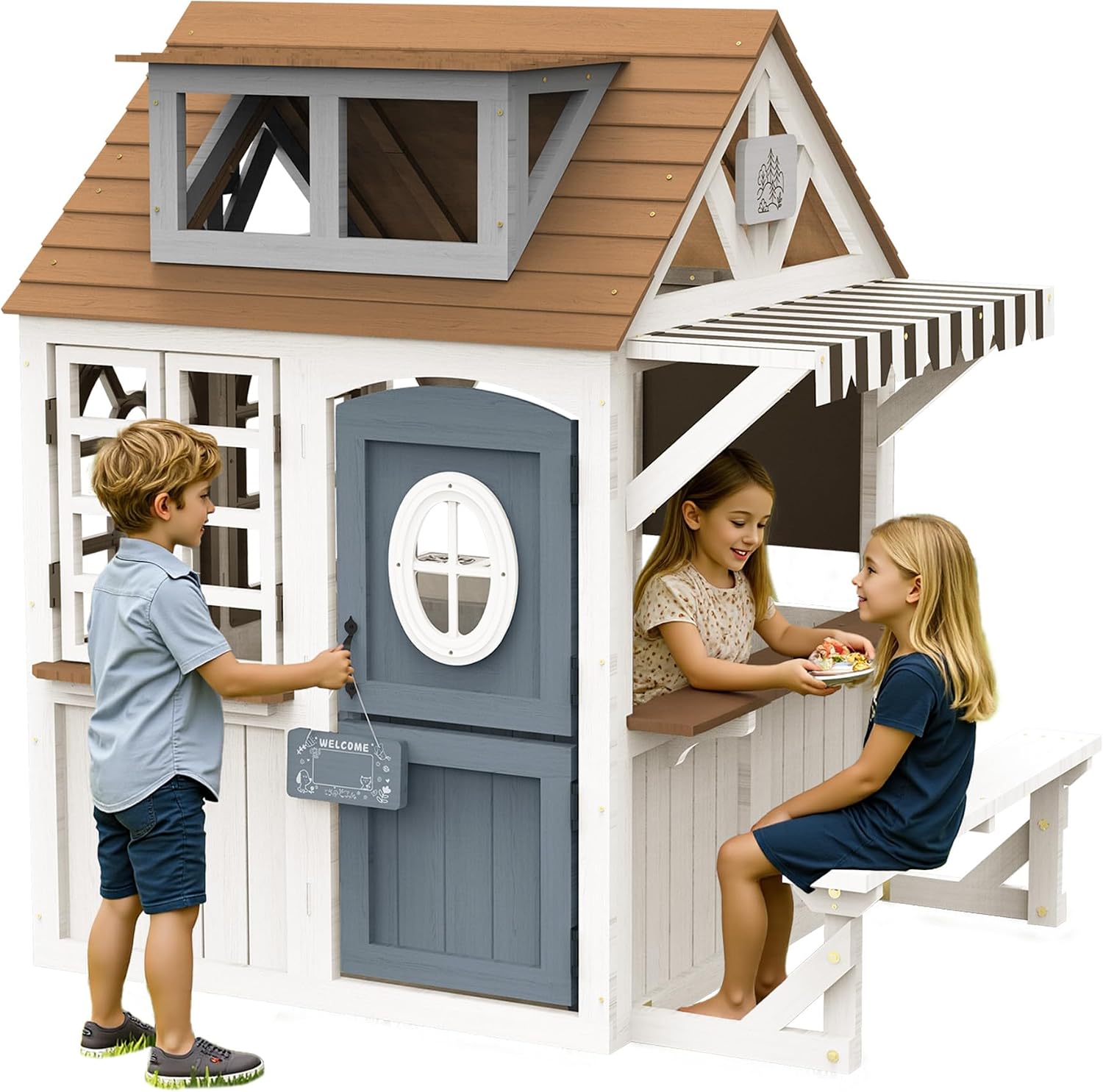 Kids Outdoor Wooden Playhouse - Albott Kinder-Outdoor-Holzspielhaus mit Küchenset | Gartenhaus
