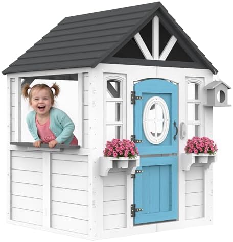 Kids Outdoor House With Kitchen - Holz-Spielhaus für Kinder mit Küchenspüle, Briefkasten
