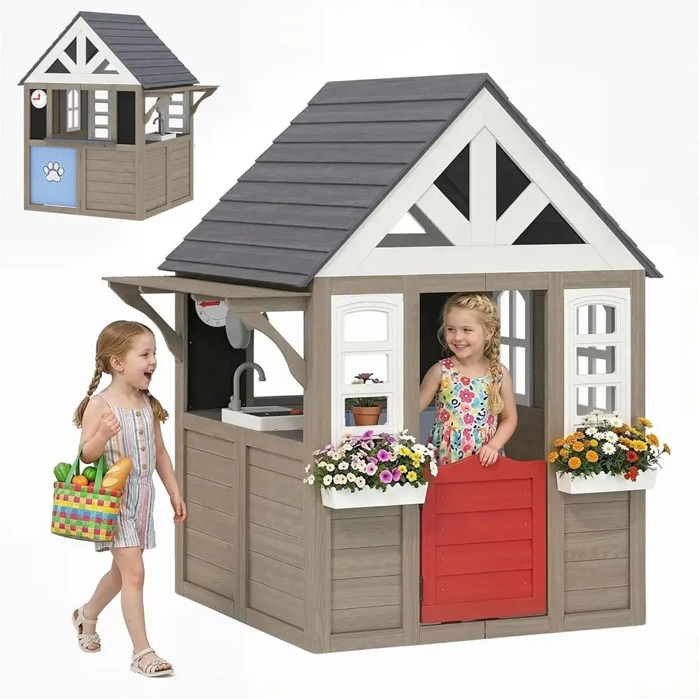 Kids Outdoor Wooden Playhouse - Qaba Outdoor-Spielhaus, Holz-Kinderspielhaus mit Hundetür, Kinderhütte